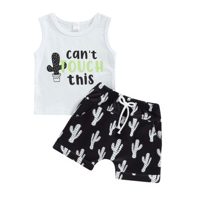 Infant Toddler Baby Boys Summer Outfit Cactus Letter Print Sleeveless Tank Tops T-Shirt+ Shorts Set 2PCS Clothes Set (White, 6-12 Months)