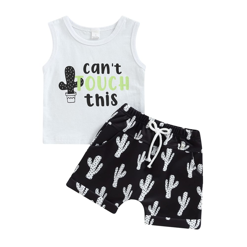 Infant Toddler Baby Boys Summer Outfit Cactus Letter Print Sleeveless Tank Tops T-Shirt+ Shorts Set 2PCS Clothes Set (White, 2-3 Years)
