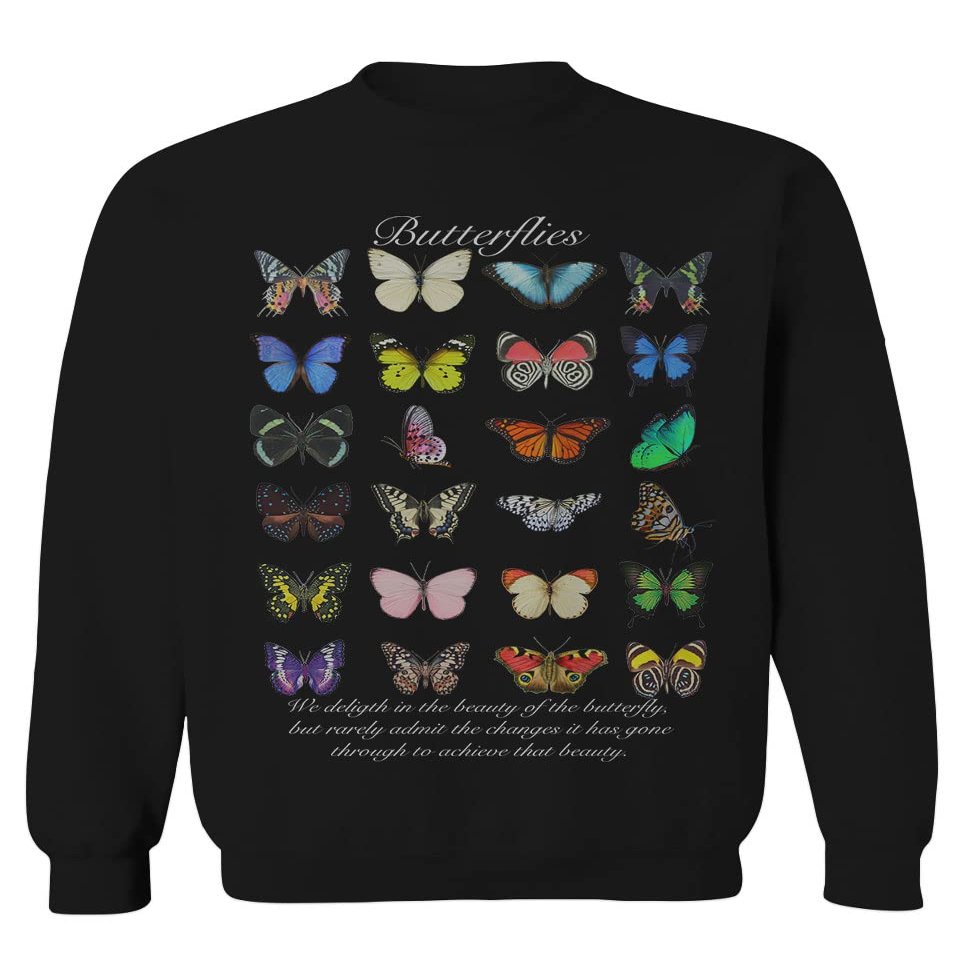 0542. Cute Butterflies Graphic Printed Butterfly Monarch Vintage Collection Men's Crewneck Sweatshirt (Black Small)