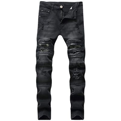 JEsilunmaMY Men's Slim Fit Biker Jeans Knee Hole Pleated Stretch Ripped Denim Pants Distressed Destroyed Skinny Pencil Jeans (Black,34)
