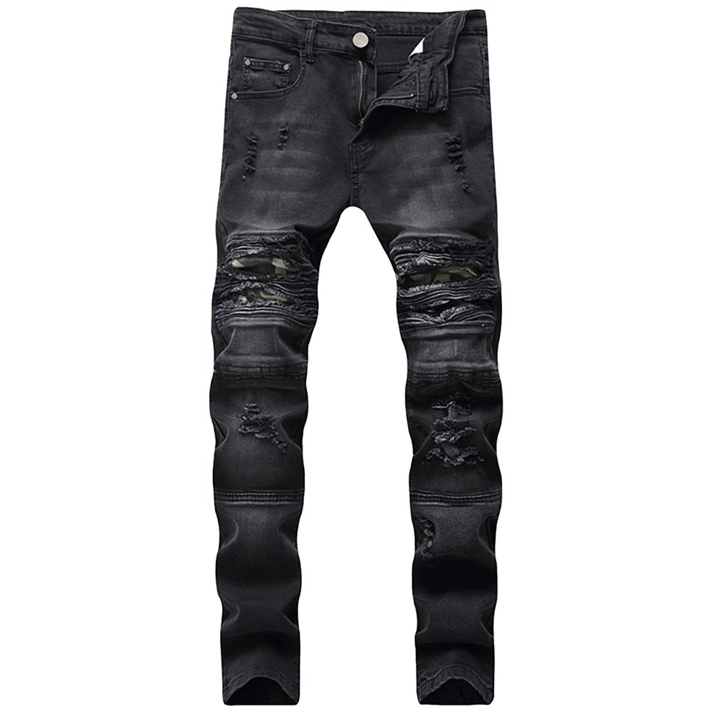 JEsilunmaMY Men's Slim Fit Biker Jeans Knee Hole Pleated Stretch Ripped Denim Pants Distressed Destroyed Skinny Pencil Jeans (Black,34)