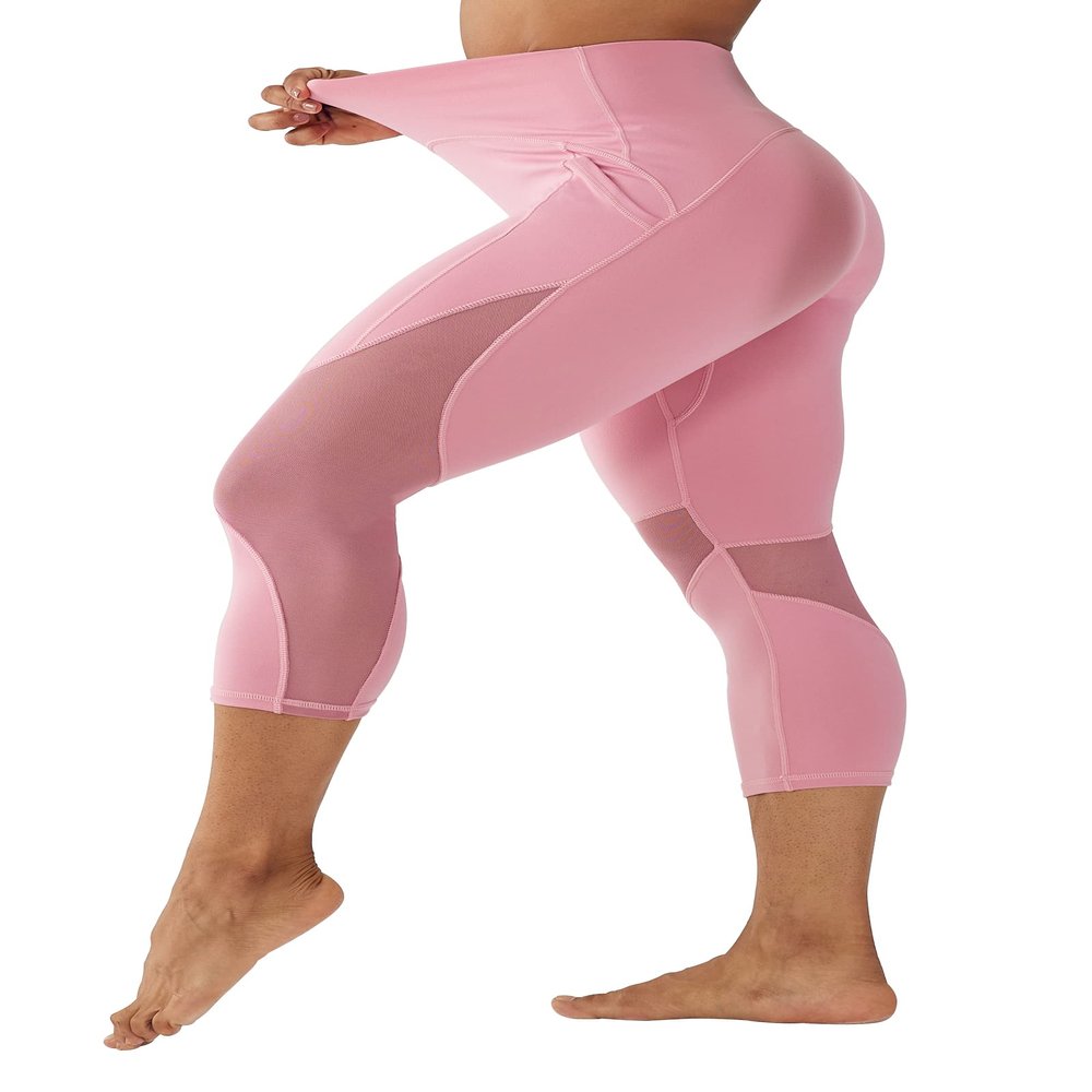 ONGASOFT High Waisted Yoga Capris Pants for Women Running Workout Mesh Leggings Side Pockets Squat Proof Tummy Control