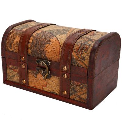Vintage Wood Box, Wood Craft Box Jewelry Storage Case Handmade Treasure Chest for Jewelry Gift Organizer Home Decor (map s)