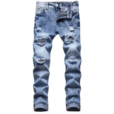 JEsilunmaMY Men's Ripped Denim Pants Slim Fit Regular 5-Pocket Skinny Straight Leg Jeans Distressed Destroyed Jean Trousers (Light Blue,38)