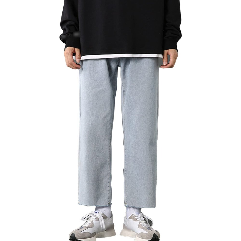 JEsilunmaMY Straight Leg Jeans for Men Casual Loose Distressed Washed Denim Pants Spring Frayed Hem Baggy Slacks Jean Pants (Light Blue,30)