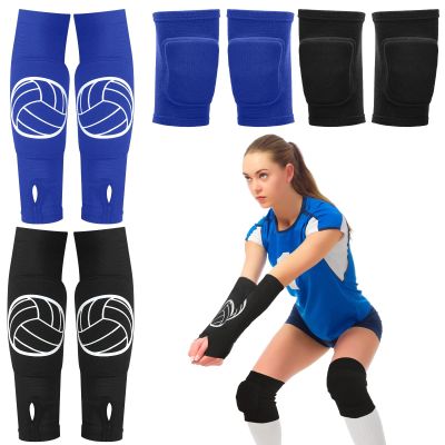 Sosation 2 Set Volleyball Knee Pads and Volleyball Arm Sleeves with Protection Pad Compression Forearm Wrist Guard with Thumb Hole Soft Breathable for Hitting Passing(Black, Blue)