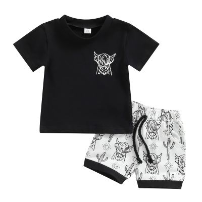 Western Baby Boy Summer Clothes Cow Print Short Sleeve T-Shirt Top Shorts Set 2Pcs Infant Toddler Cowboy Outfits (Black-Cow, 2-3 Years)