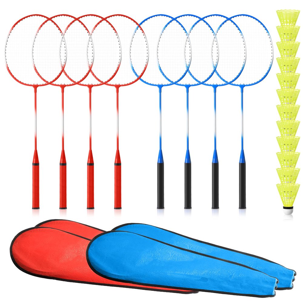 Woanger 8 Pack Badminton Rackets Set Including Badminton Racquets, Nylon Shuttlecocks and Carry Bag for Outdoor Backyard Games Beginners(Red & Blue)