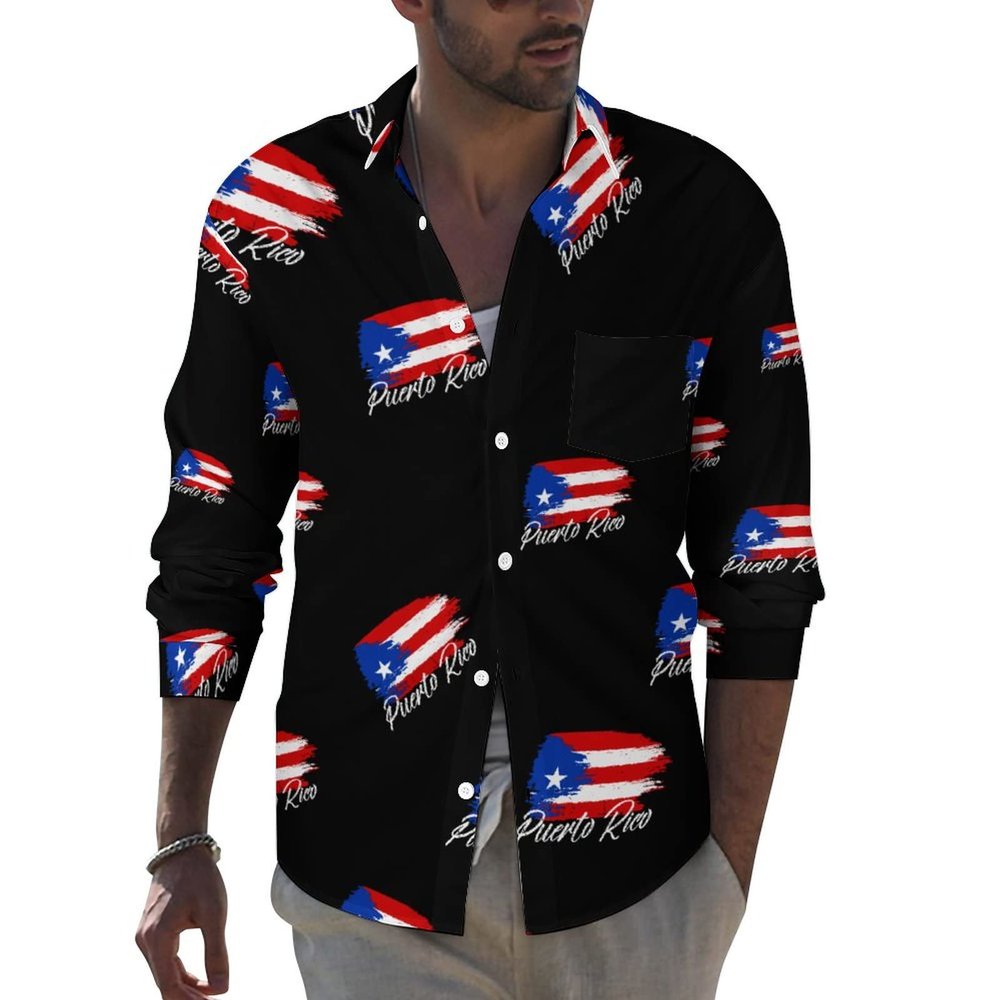 Vintage Puerto Rico Flag Men's Dress Shirt Regular Fit Shirts Long Sleeve Button Up with Pocket