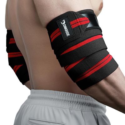 DMoose Fitness Elbow Wraps for Weightlifting (Pair) - 40'' Adjustable Elbow Strap for Gym Workout & Bench Press, Compression Elbow Wraps for Tendonitis & Joint Support, Elbow Sleeve Wrap (Black Red)