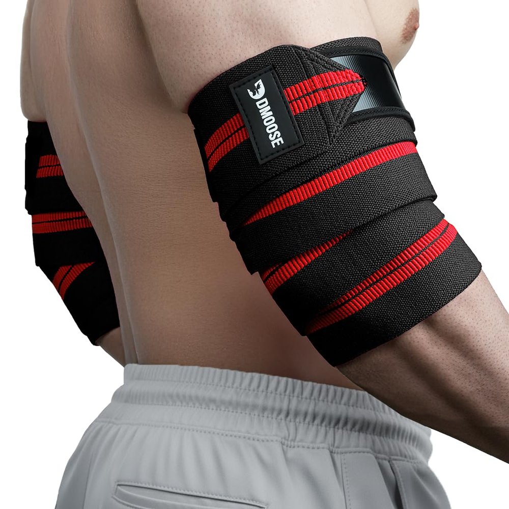 DMoose Fitness Elbow Wraps for Weightlifting (Pair) - 40'' Adjustable Elbow Strap for Gym Workout & Bench Press, Compression Elbow Wraps for Tendonitis & Joint Support, Elbow Sleeve Wrap (Black Red)