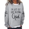 I M Just Out Here Trusting God Women Long Sleeve Casual T-Shirt Religious Gift Jesus Faith Pullover Cross Print Tee Sweatshirt Christian Gift Crew Neck Soft Tee Tops Grey view 1