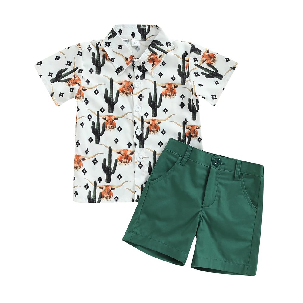 Chloefairy Western Baby Boy Summer Clothes Cow Print Short Sleeve Button Down Shirts Shorts Set 2Pcs Toddler Cowboy Outfits (Dark Green-B, 12-18 Months)
