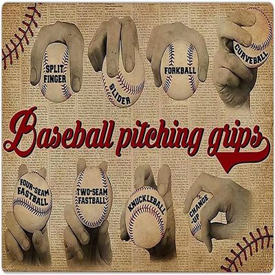 Haosensix Baseball Pitching Grips Metal Signs Vintage Pitching Guide Posters Retro Wall Decor for Baseball Club Bar Room Decor Plaques 12x16 Inches