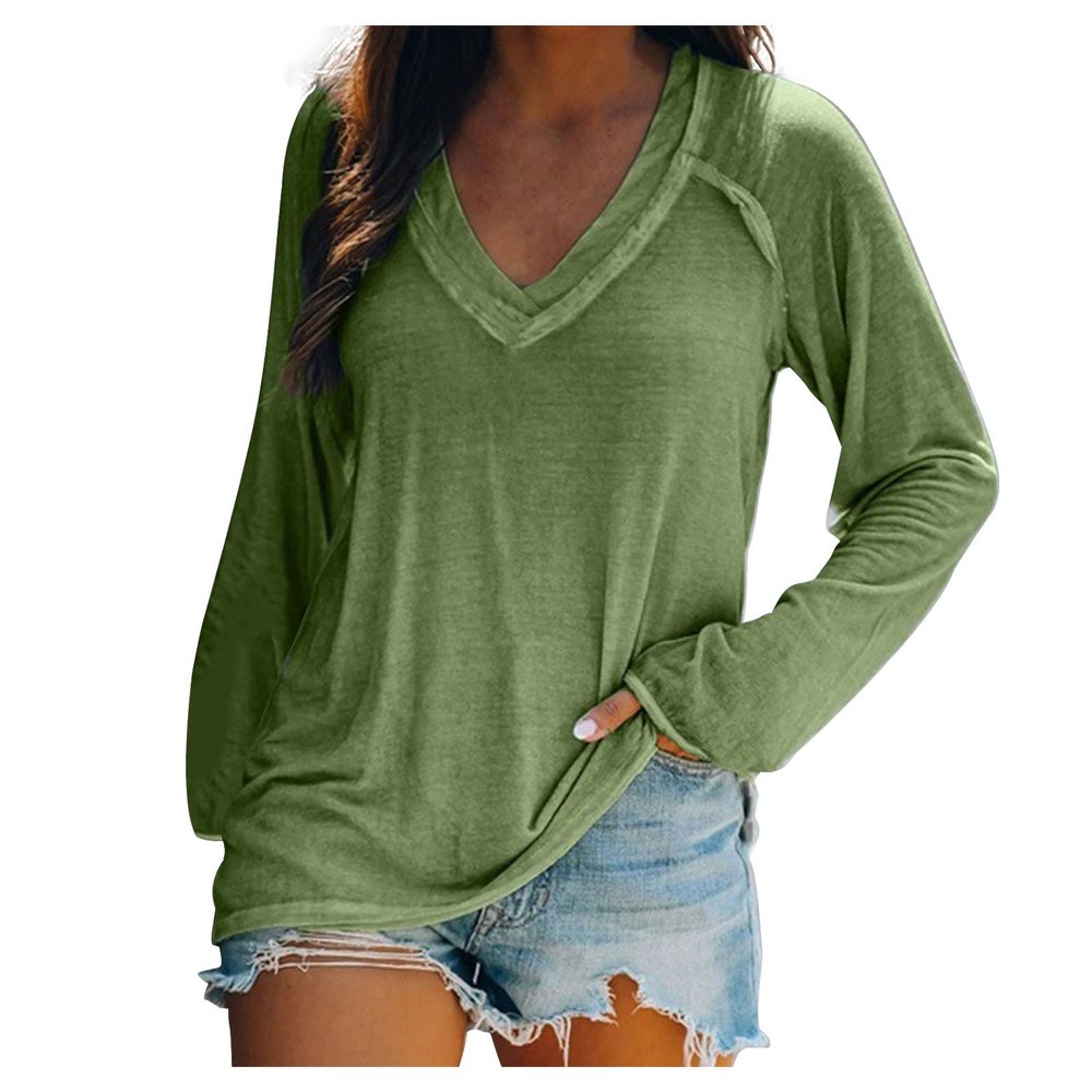 NaRHbrg Womens Long Sleeve V Neck T Shirts Casual Loose Fit Tunic Tops Dressy Casual Cute Blouses Solid Lightweight Tee Shirt Green