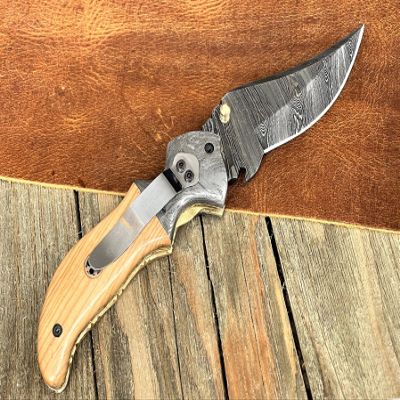 WINTERFELL Handmade Custom Damascus Steel Folding Pocket Knife with Wood Handle - Perfect 7.5" Gift Knife for Birthday, Father's Day or Gift for a Husband