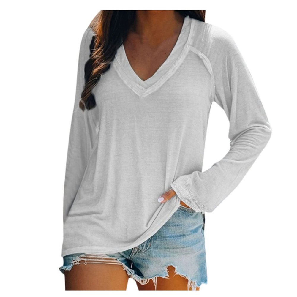 NaRHbrg Womens Long Sleeve V Neck T Shirts Casual Loose Fit Tunic Tops Dressy Casual Cute Blouses Solid Lightweight Tee Shirt White