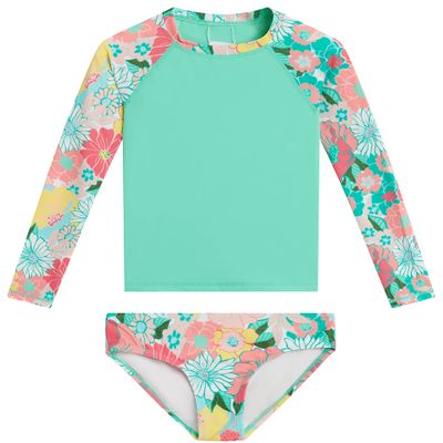 Kanu Surf Girls' Long Sleeve Rashguard UPF 50+ Two Piece Swim Set, Gianna Coral, 6