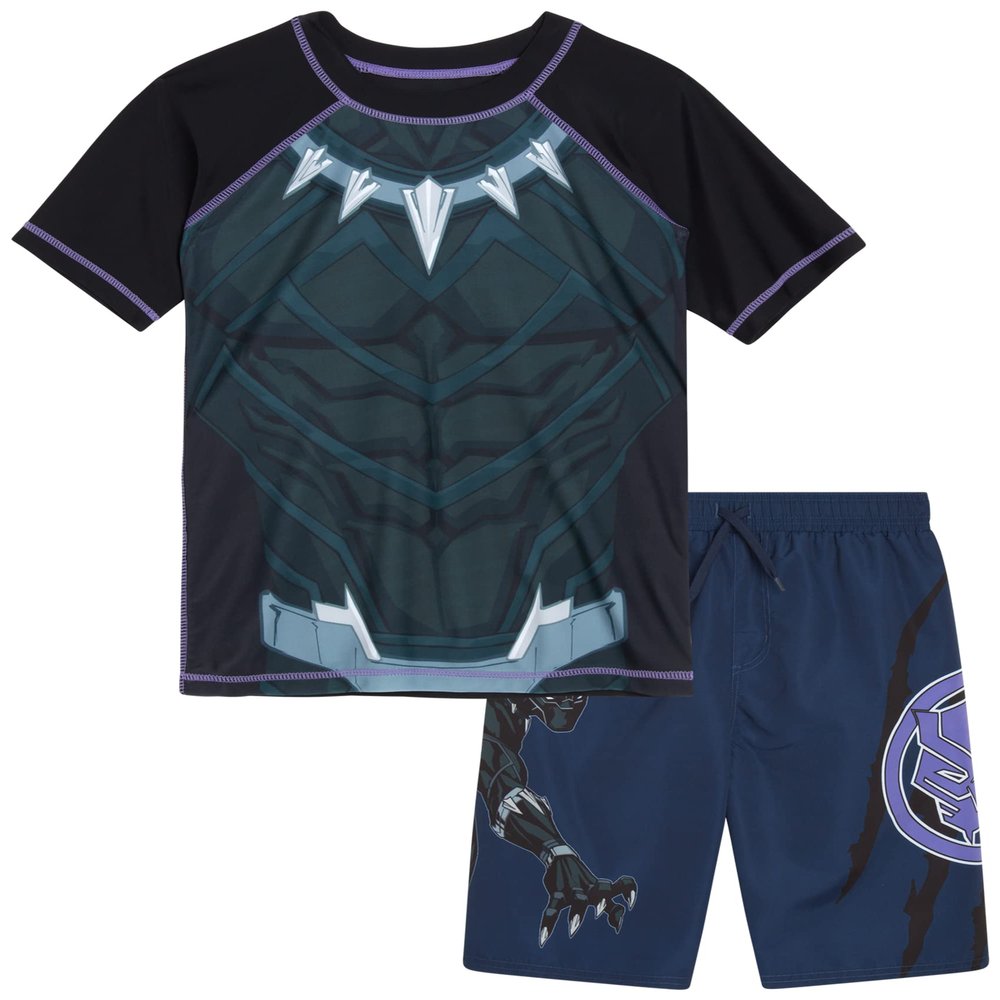 Marvel Boys Rash Guard Set - UPF 50 Avengers Short Sleeve Boys Swim Shirt and Swim Trunks (Sizes: 2T-12), Size 8, Navy Black Panther