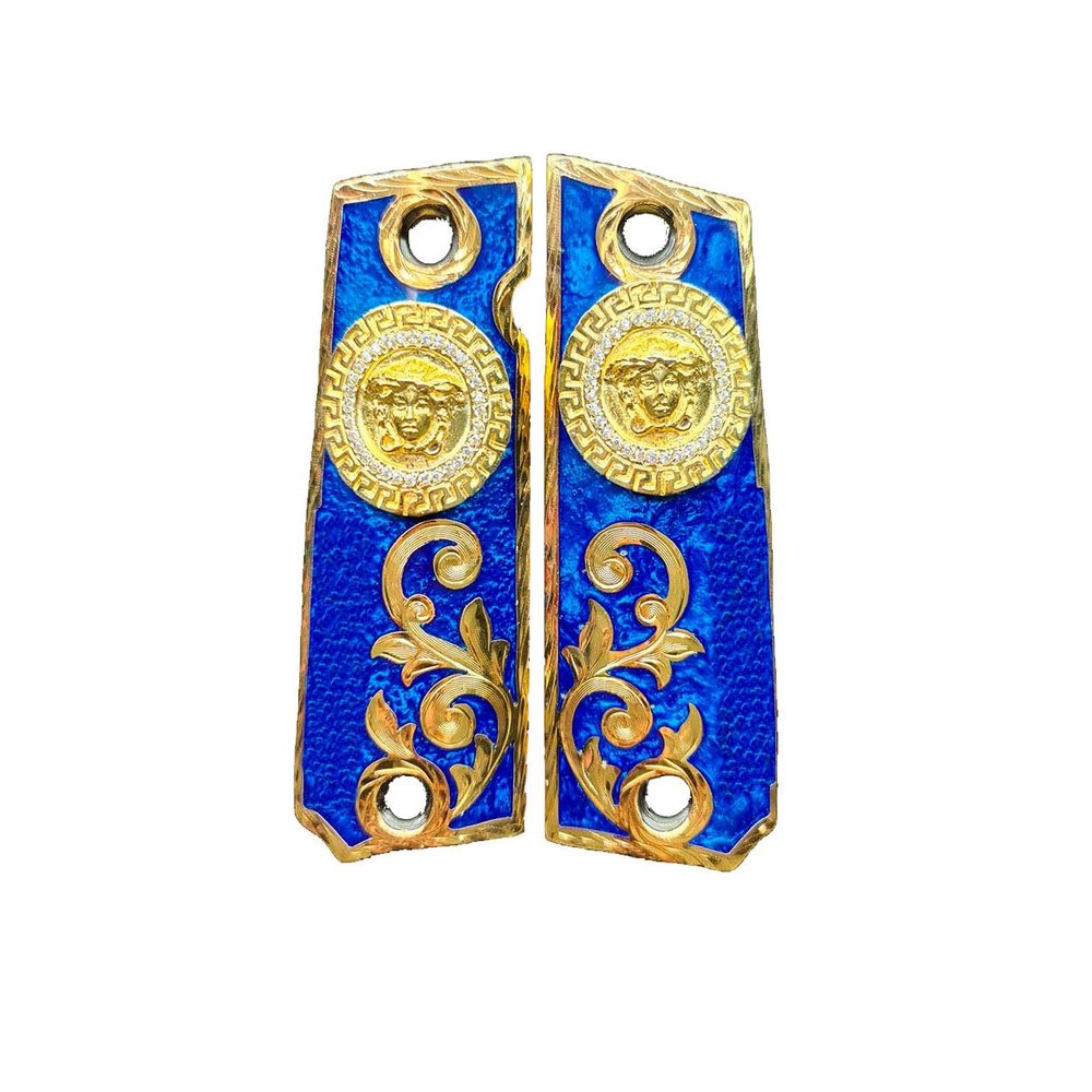 Grips for Colt 1911 Versase with 24k Gold Plated, Blue Resin and White Zircons Includes Screws