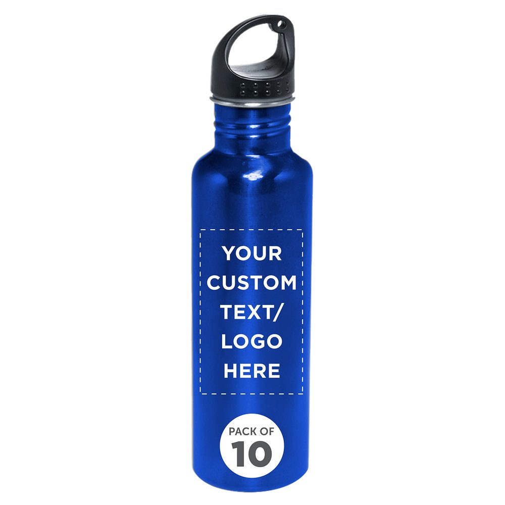 DISCOUNT PROMOS Custom Stainless Steel Water Bottles 26 oz. Set of 10, Personalized Bulk Pack - Reusable, Leak Proof, Perfect for Gym, Hiking, Camping, Outdoor Sports - Met Blue