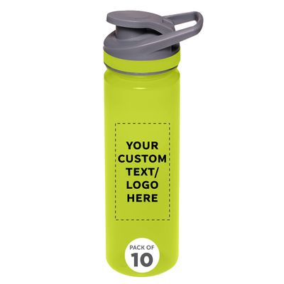 DISCOUNT PROMOS Custom Sports Water Bottles 22 oz. Set of 10, Personalized Bulk Pack - Reusable, Leak proof, With lids - Lime Green