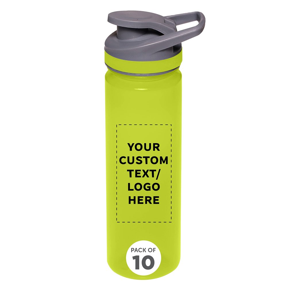 DISCOUNT PROMOS Custom Sports Water Bottles 22 oz. Set of 10, Personalized Bulk Pack - Reusable, Leak proof, With lids - Lime Green