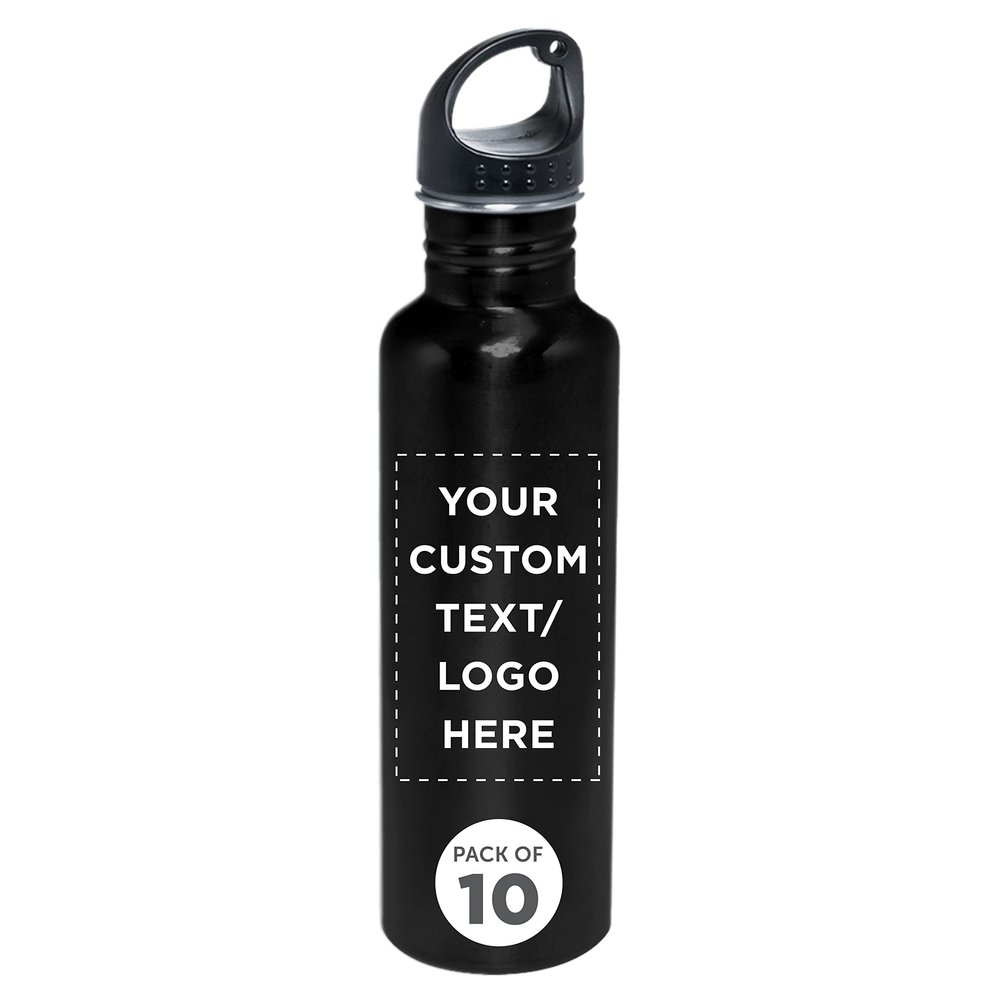 DISCOUNT PROMOS Custom Stainless Steel Water Bottles 26 oz. Set of 10, Personalized Bulk Pack - Reusable, Leak Proof, Perfect for Gym, Hiking, Camping, Outdoor Sports - Black