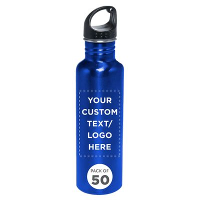 DISCOUNT PROMOS Custom Stainless Steel Water Bottles 26 oz. Set of 50, Personalized Bulk Pack - Reusable, Leak Proof, Perfect for Gym, Hiking, Camping, Outdoor Sports - Met Blue