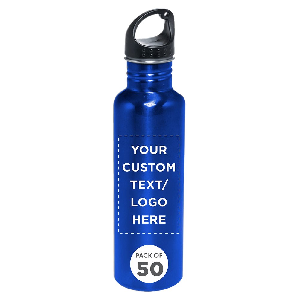 DISCOUNT PROMOS Custom Stainless Steel Water Bottles 26 oz. Set of 50, Personalized Bulk Pack - Reusable, Leak Proof, Perfect for Gym, Hiking, Camping, Outdoor Sports - Met Blue