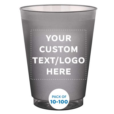 Custom Frosted Plastic Stadium Cups, 10/50/100 pack, Promotional Text, Logo, 16 oz. Shatterproof Flexible Reusable Party Cups - Smoke
