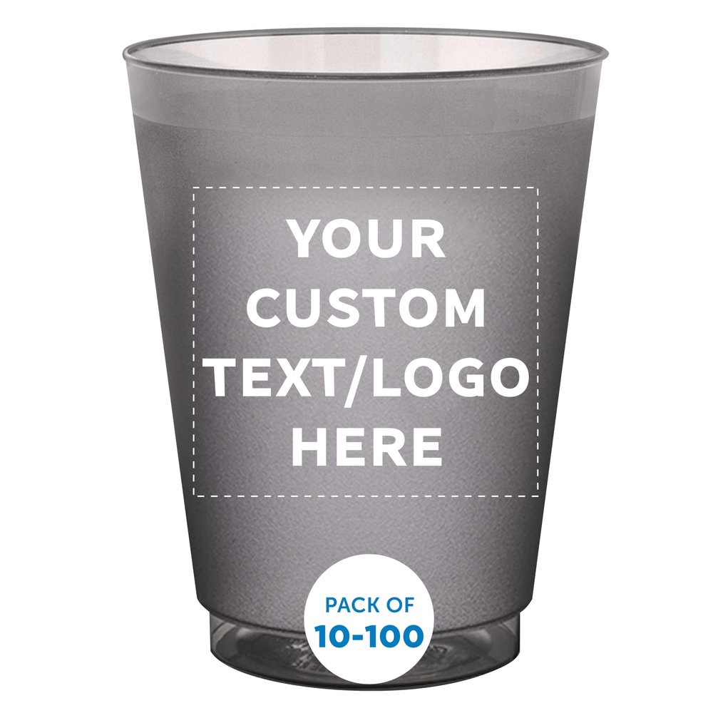 Custom Frosted Plastic Stadium Cups, 10/50/100 pack, Promotional Text, Logo, 16 oz. Shatterproof Flexible Reusable Party Cups - Smoke