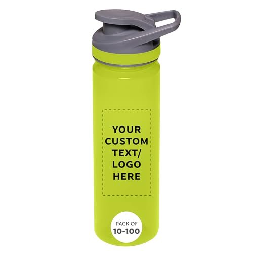 DISCOUNT PROMOS Personalized Sports Water Bottles 22 oz. Set of 10/50/100, Custom Bulk Pack - Reusable, Leak proof, With lids - Lime Green