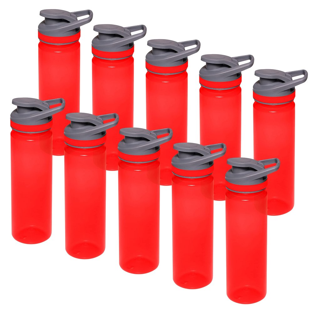 DISCOUNT PROMOS Sports Water Bottles 22 oz. Set of 10, Bulk Pack - Reusable, Leak proof, With lids - Red