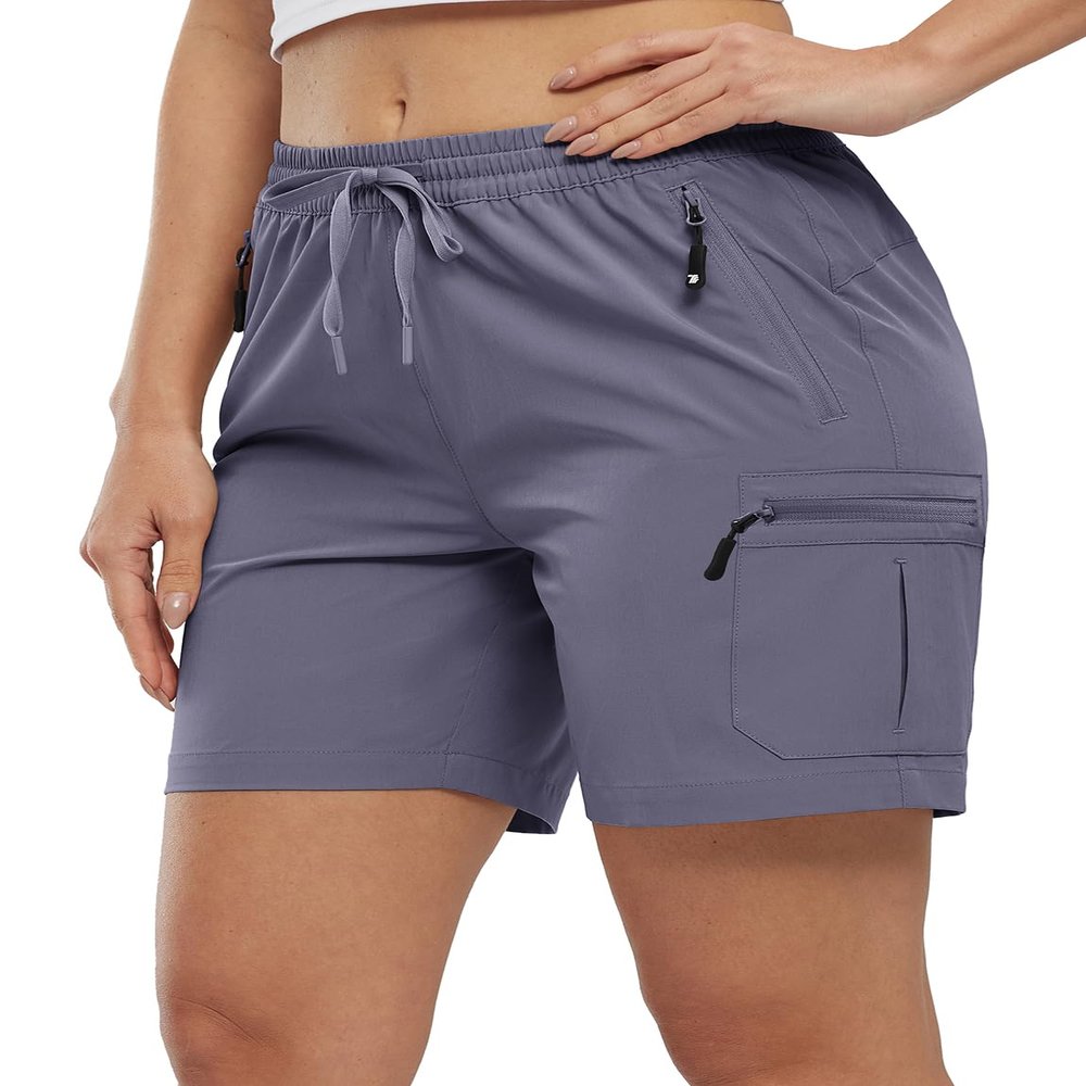 BASUDAM Women's Athletic Shorts Quick Dry Cargo Lightweight Zipper Pockets Summer Outdoor Hiking Running Grayish Purple S