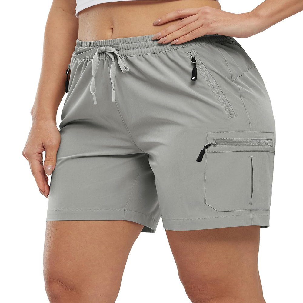 BASUDAM Women's Athletic Shorts Quick Dry Cargo Lightweight Zipper Pockets Summer Outdoor Hiking Running Light Grey M