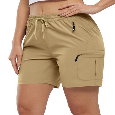 BASUDAM Women's Athletic Shorts Quick Dry Cargo Lightweight Zipper Pockets Summer Outdoor Hiking Running Khaki M