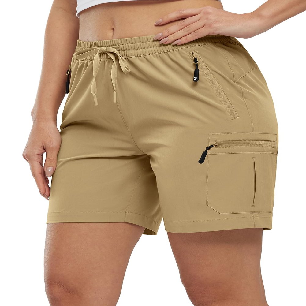 BASUDAM Women's Athletic Shorts Quick Dry Cargo Lightweight Zipper Pockets Summer Outdoor Hiking Running Khaki M