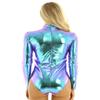 iiniim Women's Shiny Metallic Long Sleeve Holographic Dance Costume Leotard Gymnastics Bodysuit Clubwear Blue XX-Large view 4