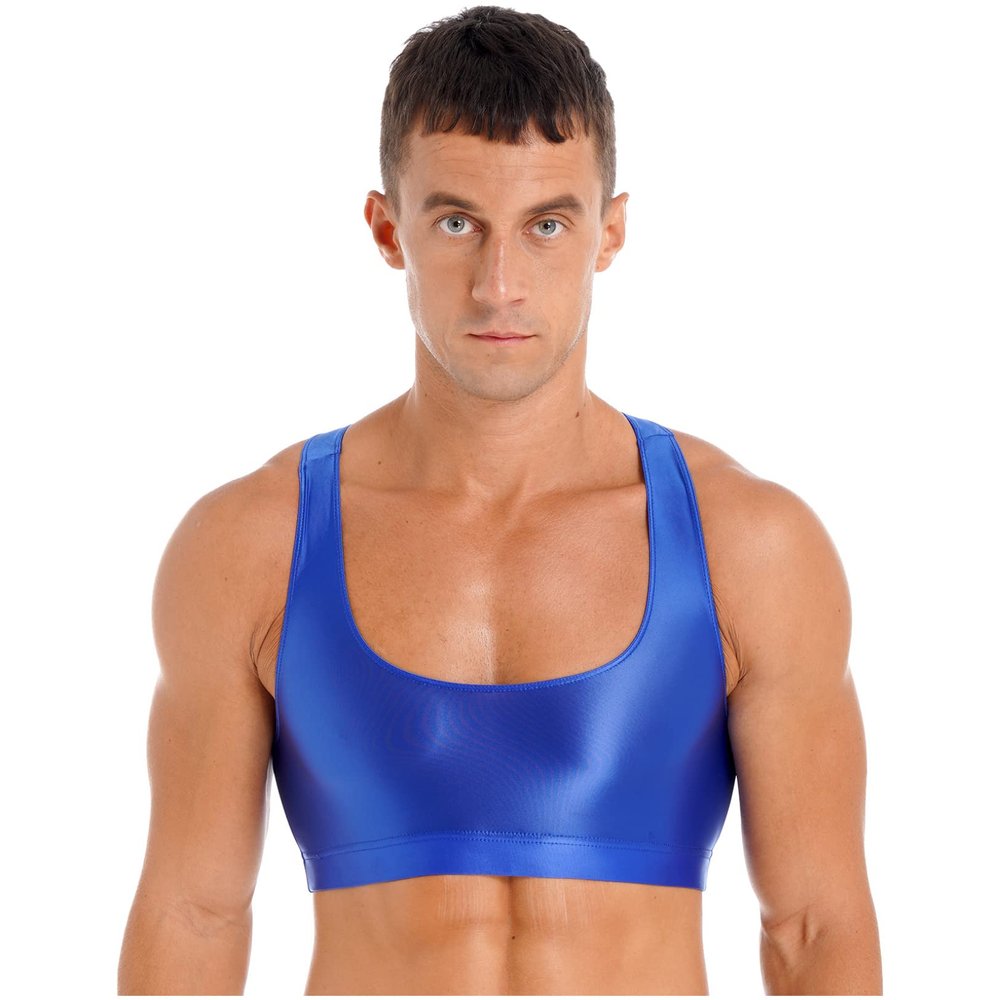 Hularka Men's Shiny Oily Muscle Half Tank Tops Bra Crop Tops Solid Color Undershirt Vest Tops Blue X-Large