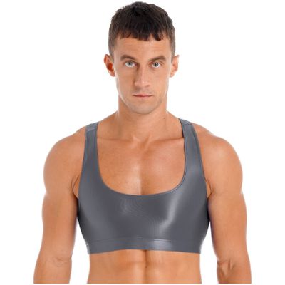 easyforever Men's Shiny Oily Muscle Half Cropped Tank Top Sleeveless Vest Top Gym Workout Tops Grey Large