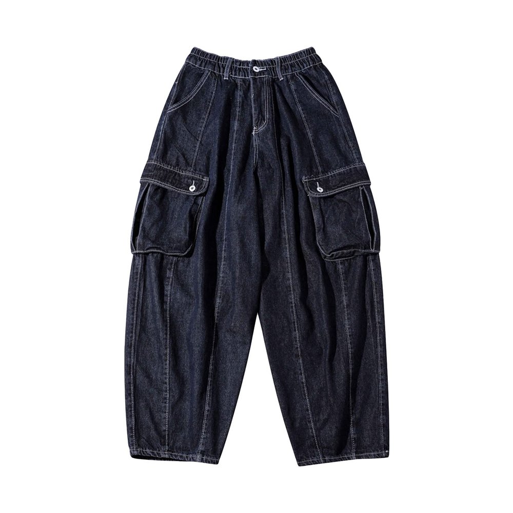 Mens Casual Wide Leg Bloomers Elastic Waist Multi-Pocket Washed Denim Pants Loose Hip Hop Streetwear Lounge Jeans (Blue,Large)