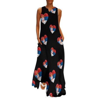Serbian Heart Flag Women's Maxi Ankle Dress Long Sleeveless Gown with Pockets