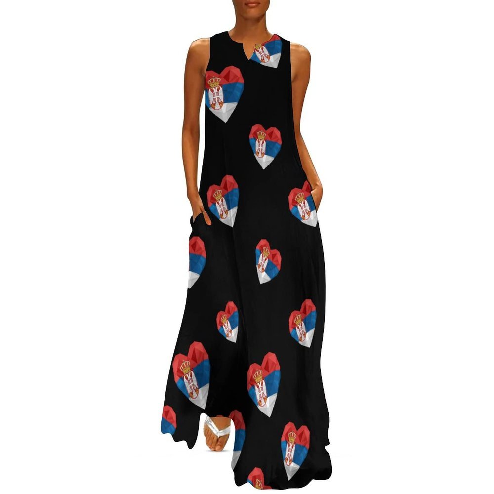 Serbian Heart Flag Women's Maxi Ankle Dress Long Sleeveless Gown with Pockets