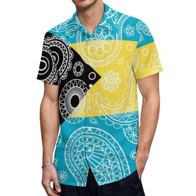 Bahamas Paisley Flag Men's Shirts Short Sleeve Button Down Casual Blouse Tee Top with Pocket 2XL