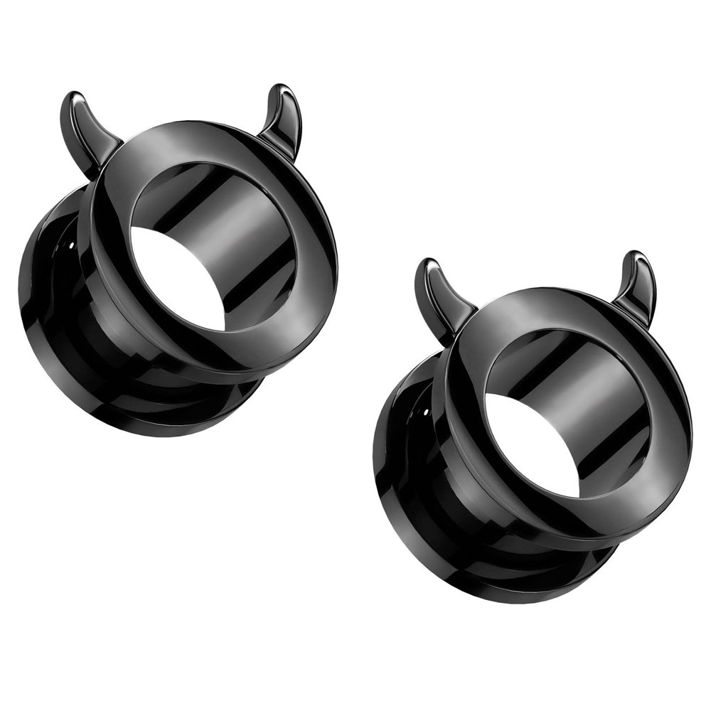 Pierced Owl Black PVD 316L Stainless Steel Devil Horn Rim Screw Fit Tunnel Plugs, Sold as a Pair (6mm (2GA))