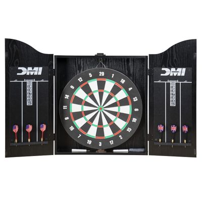 DMI Americana Dartboard Cabinet Set with 18-Inch Paper Dartboard, Reversible Baseball Game, Built-in Cricket Scoring, Darts, Chalk & Mounting Hardware  Classic Black Finish