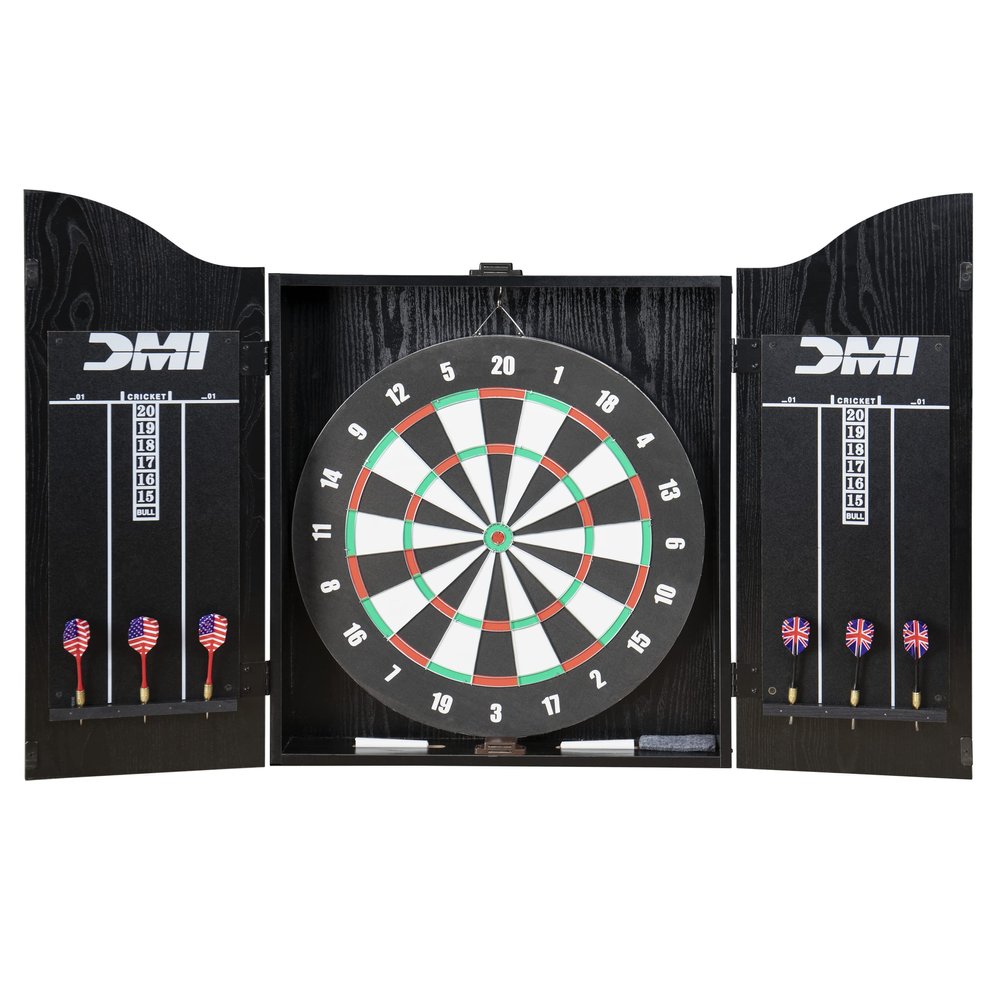 DMI Americana Dartboard Cabinet Set with 18-Inch Paper Dartboard, Reversible Baseball Game, Built-in Cricket Scoring, Darts, Chalk & Mounting Hardware  Classic Black Finish
