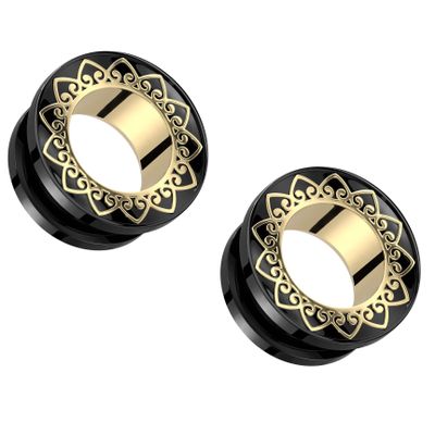 Pierced Owl Black PVD 316L Stainless Steel Gold Filigree Rim Screw Fit Tunnel Plugs, Sold as a Pair (12mm (1/2"))