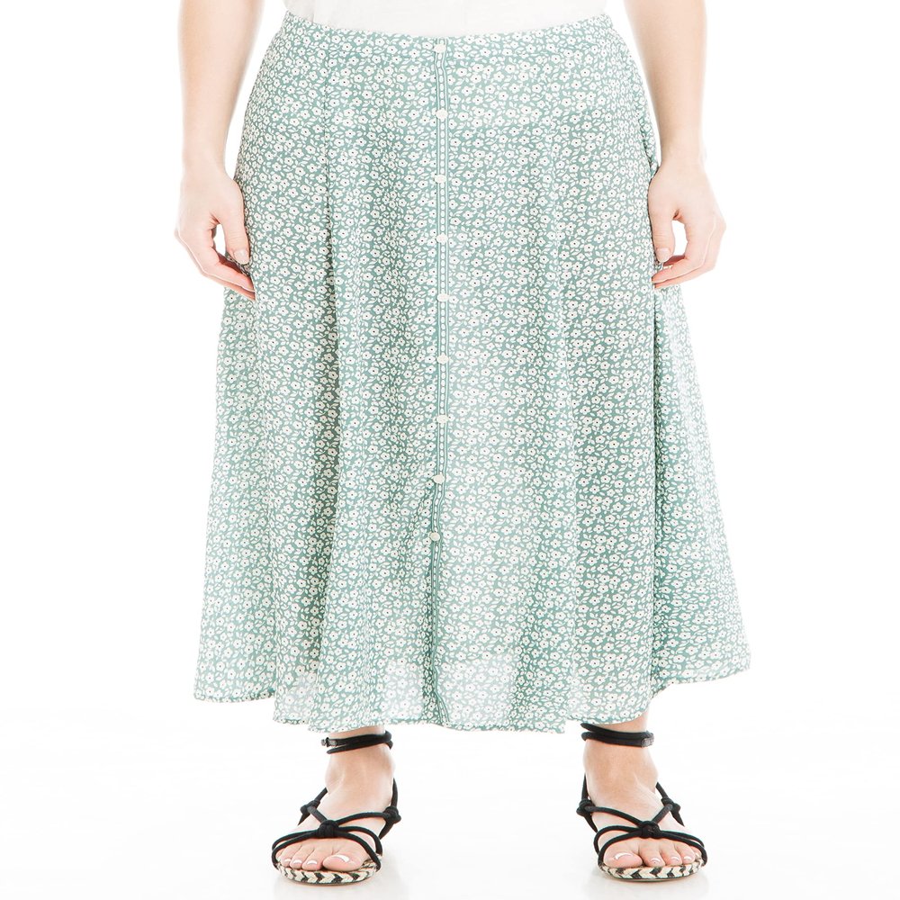 Max Studio Women's Poly Crepe Maxi Skirt with Buttons, Sage/Ivory Mod Daisy Swirl, Large